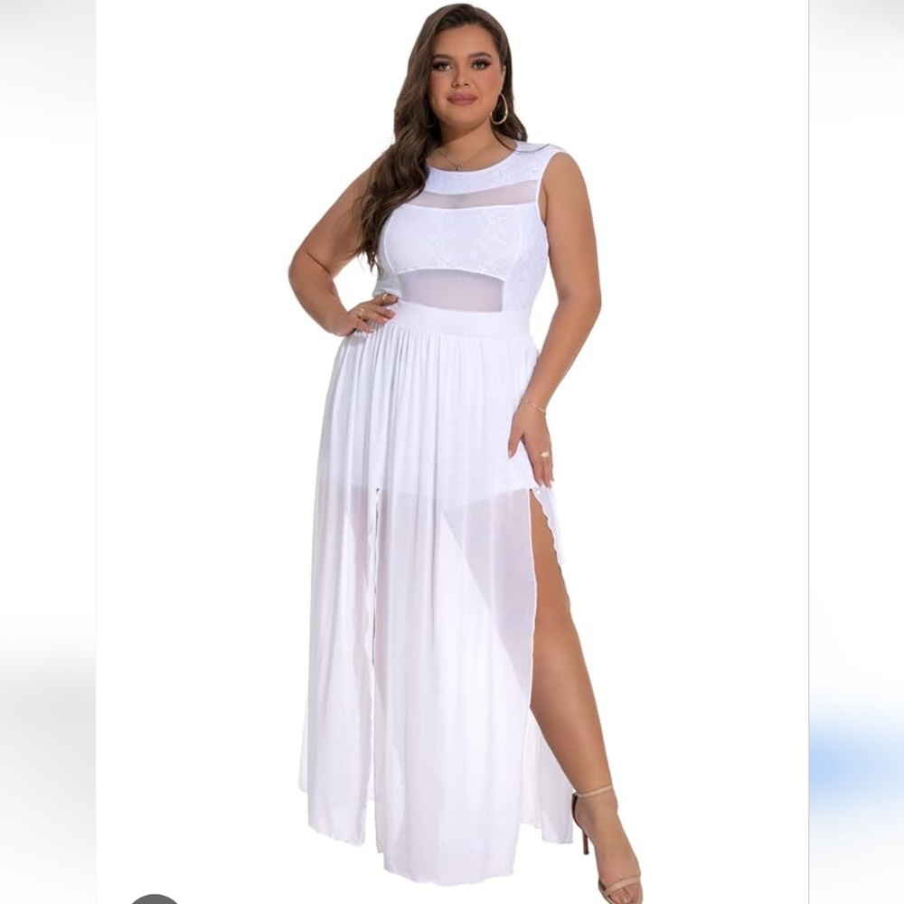 NWT. Double Slits Lace Chiffon Jumpsuit Maxi Dress White.pit To Pit 20".